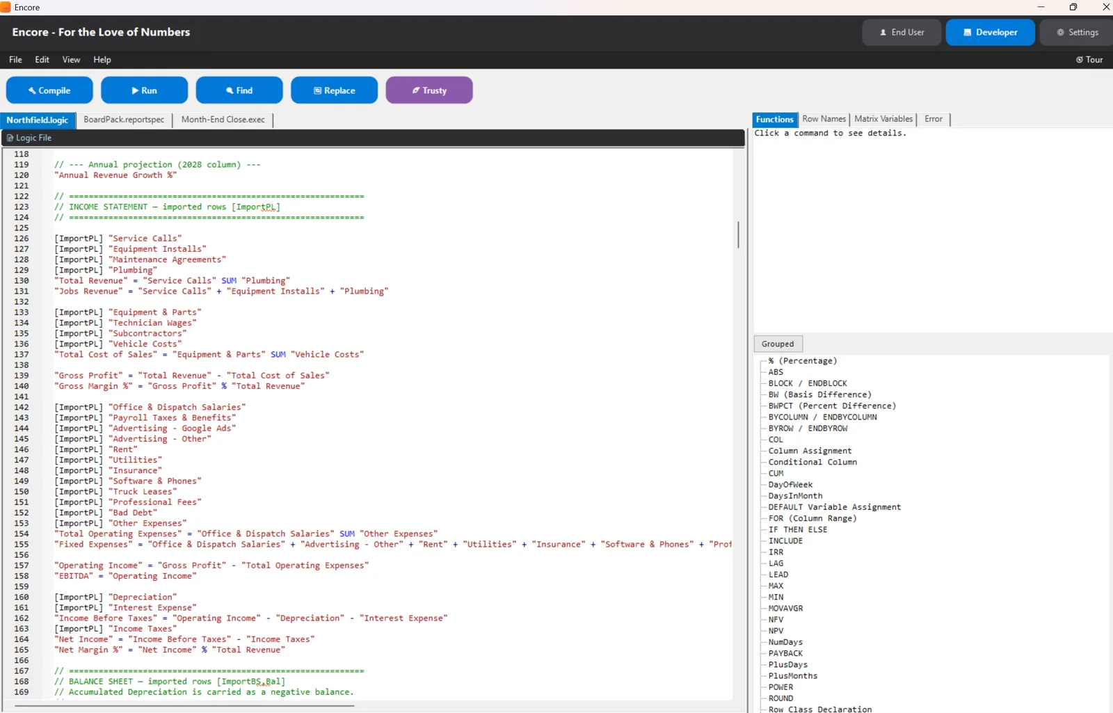Encore's Developer screen: the Northfield logic file in plain language, such as Gross Profit equals Total Revenue minus Total Cost of Sales, with the function reference alongside.